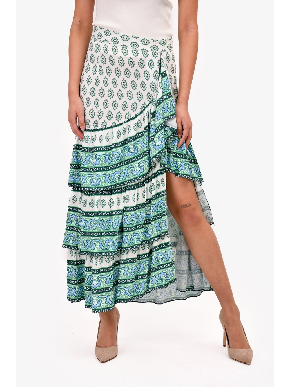 Sandro Green & White Printed Ruffle Wrap Skirt - Picture 7 of 16